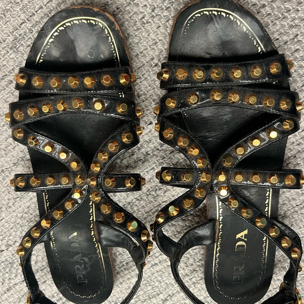Prada black patent gold studded sandals. - Picture 2 of 3